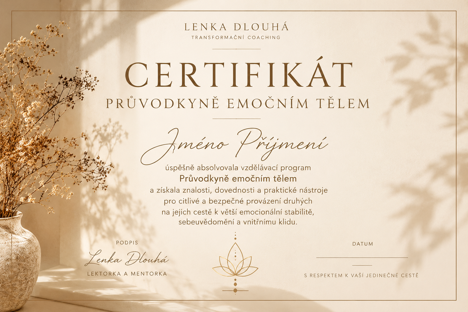 Vzor certifikátu o absolvování programu Průvodkyně emočním tělem od Lenky Dlouhé